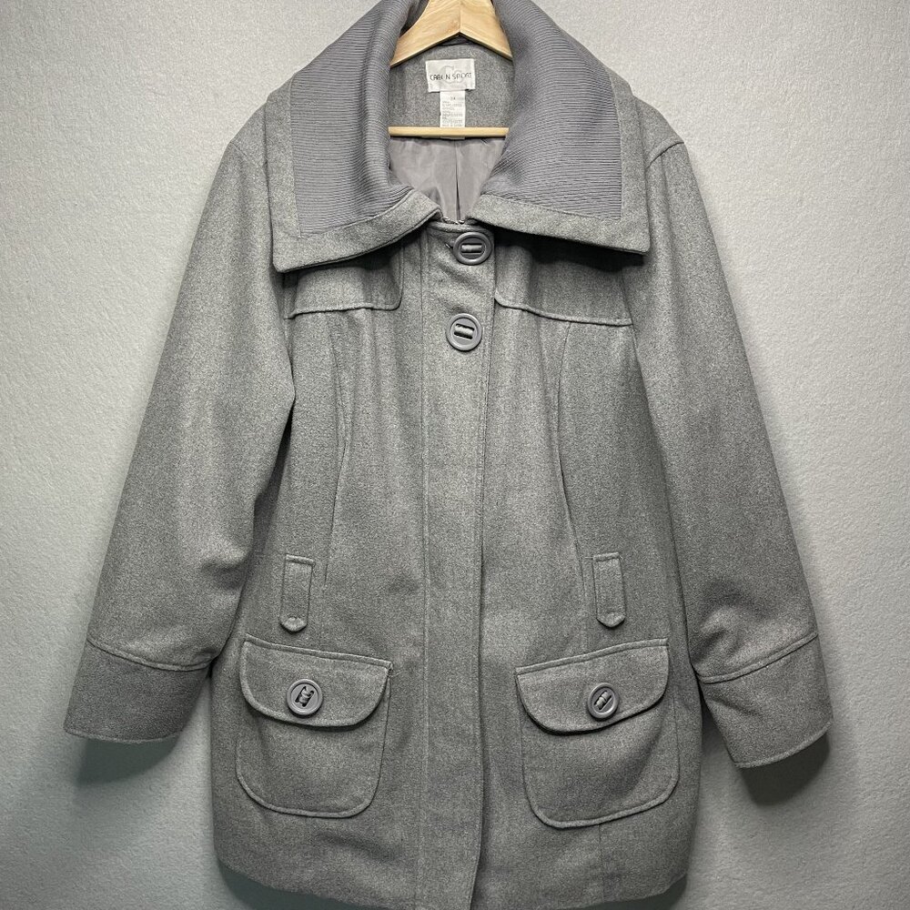 Vintage Caren Sport Gray Wool Blend PeaCoat 3X Button Front Big Collared
